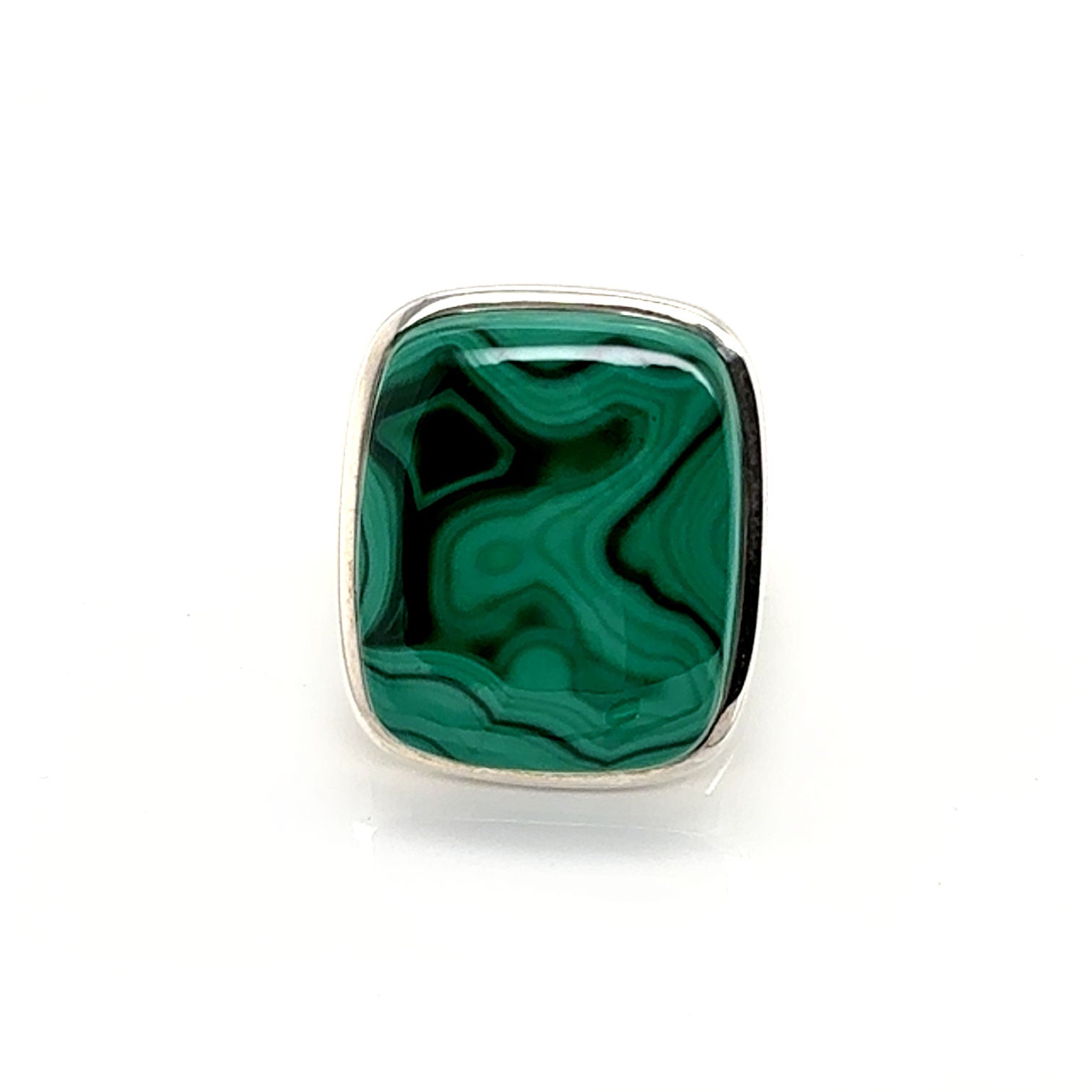 Green malachite stone with silver frame on a white background