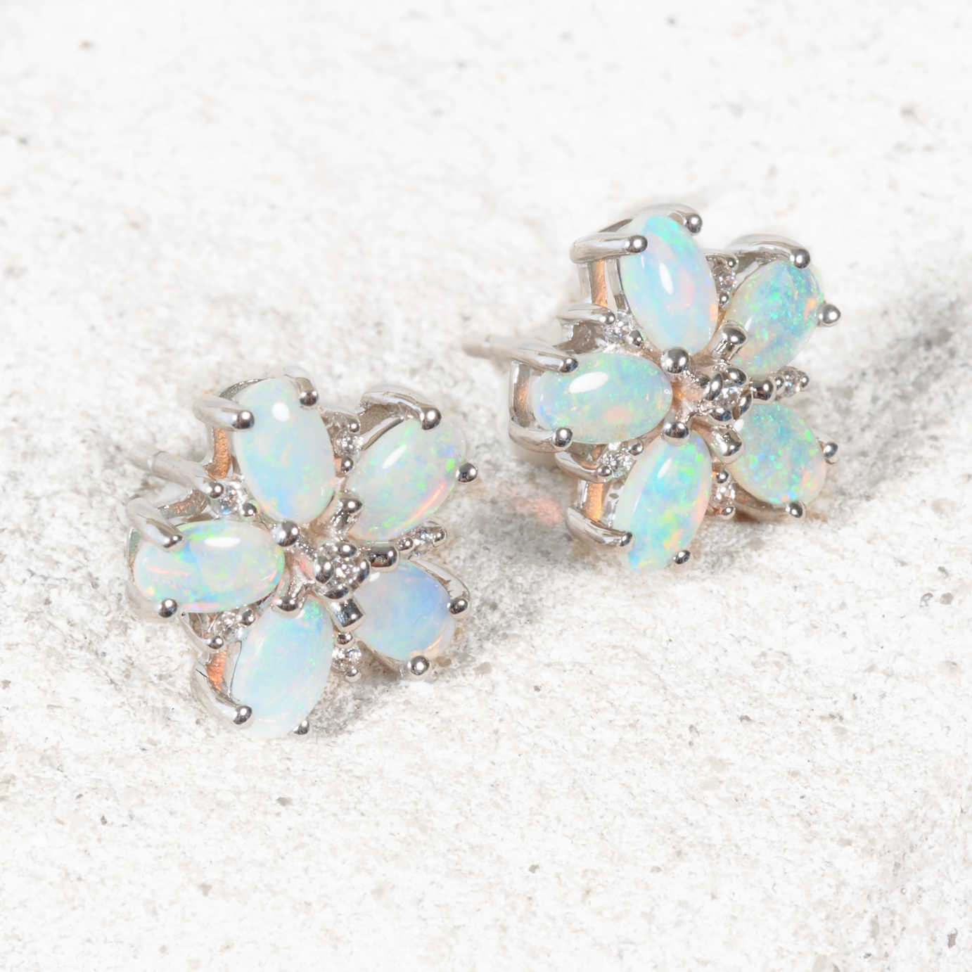 Sterling silver floral opal earrings with green-blue opals and cubic zirconia accents – Azalea Blue design