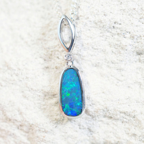 green and blue australian opal pendant in silver