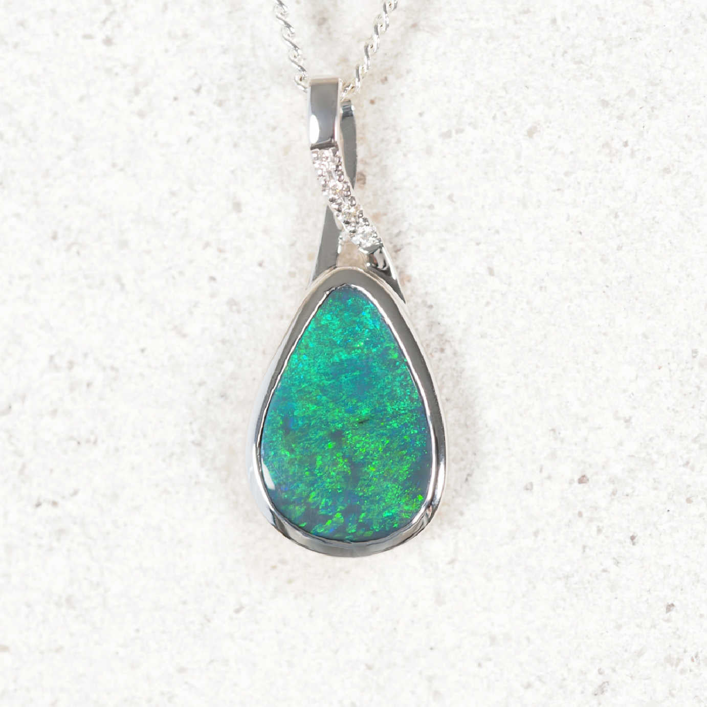 Calianne black opal necklace pendant in 14ct white gold with teardrop Lightning Ridge opal and four white diamonds