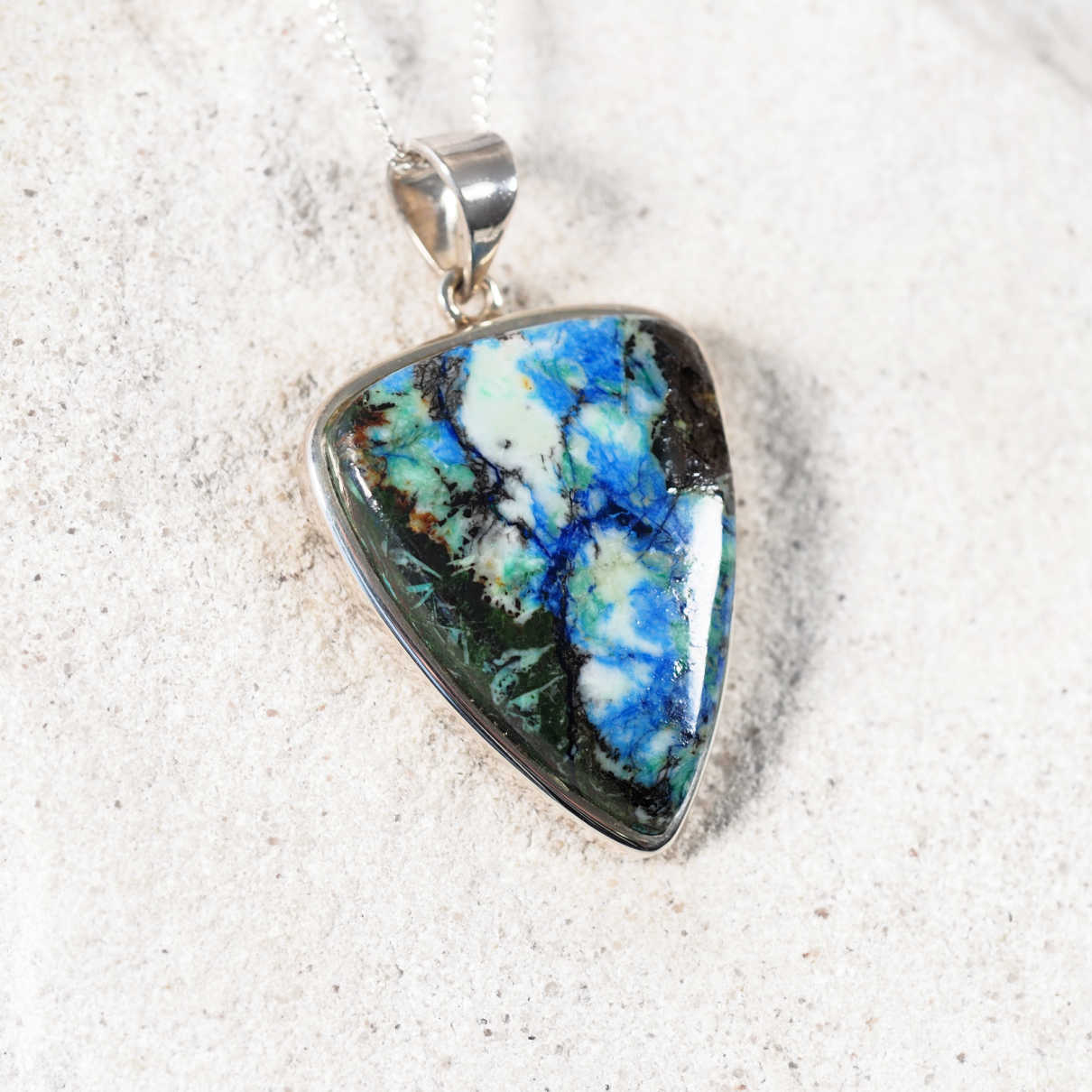 'Callie' pendant with teardrop Azurite/Chrysocolla gemstone set in polished silver