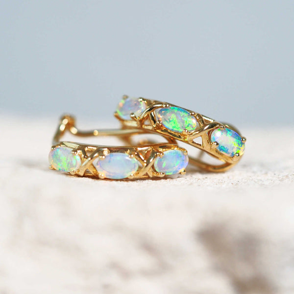 green and blue crystal opal earrings in 14ct yellow gold