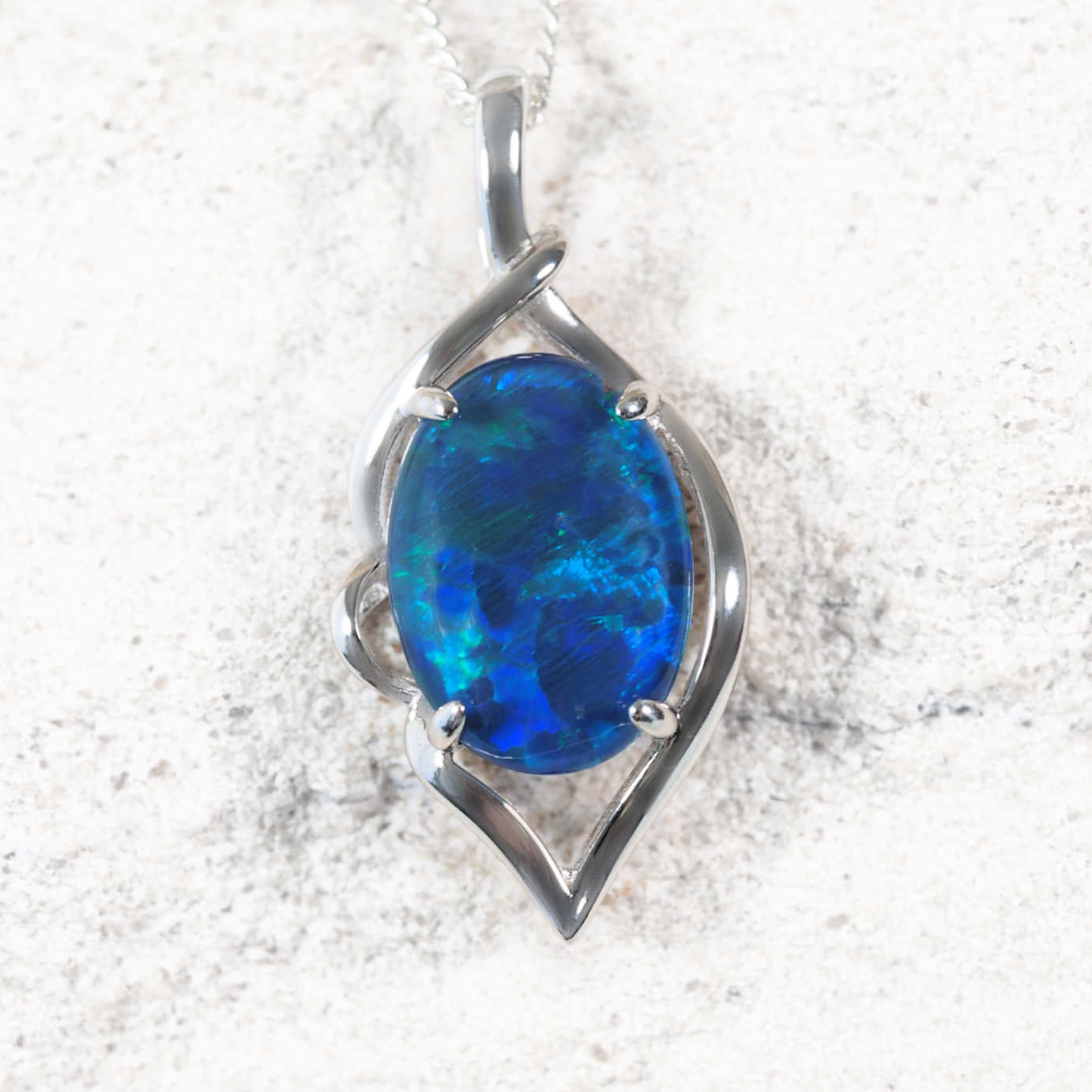 ‘Clarissa Blue’ sterling silver opal pendant with oval Australian triplet opal in vibrant blue and green hues