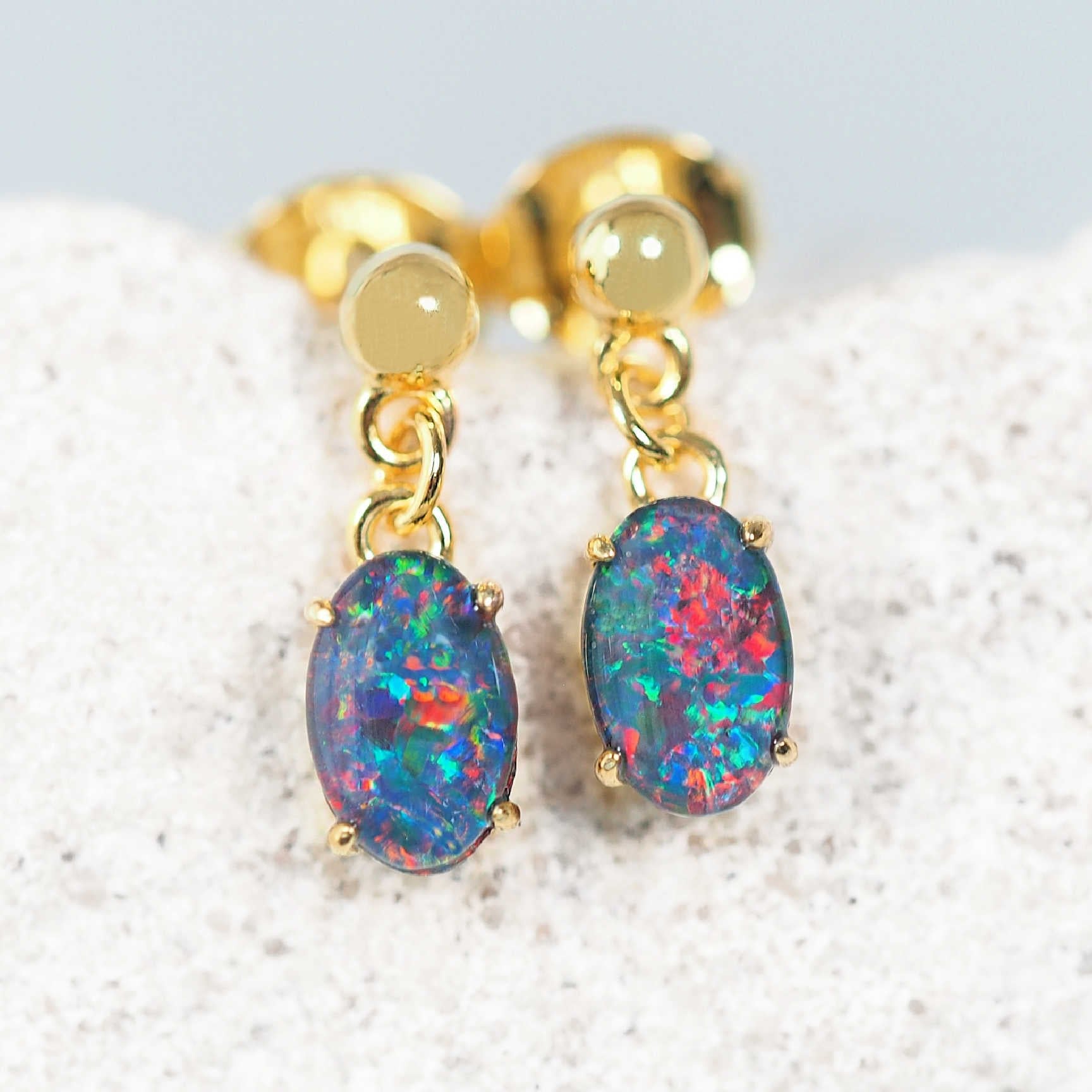 drop opal earrings set in gold plated silver with multi-colour opal stones