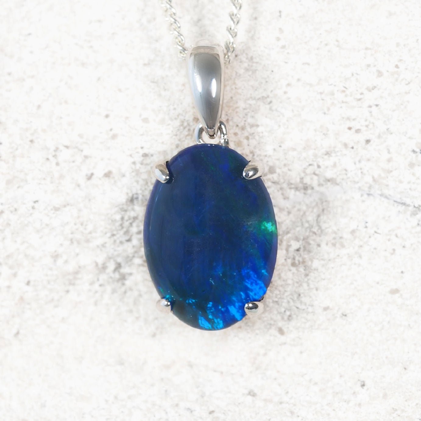 Elegant 'Classic Grande Blue 'opal necklace pendant in sterling silver featuring blue-green Australian triplet opal with complimentary silver-plated chain