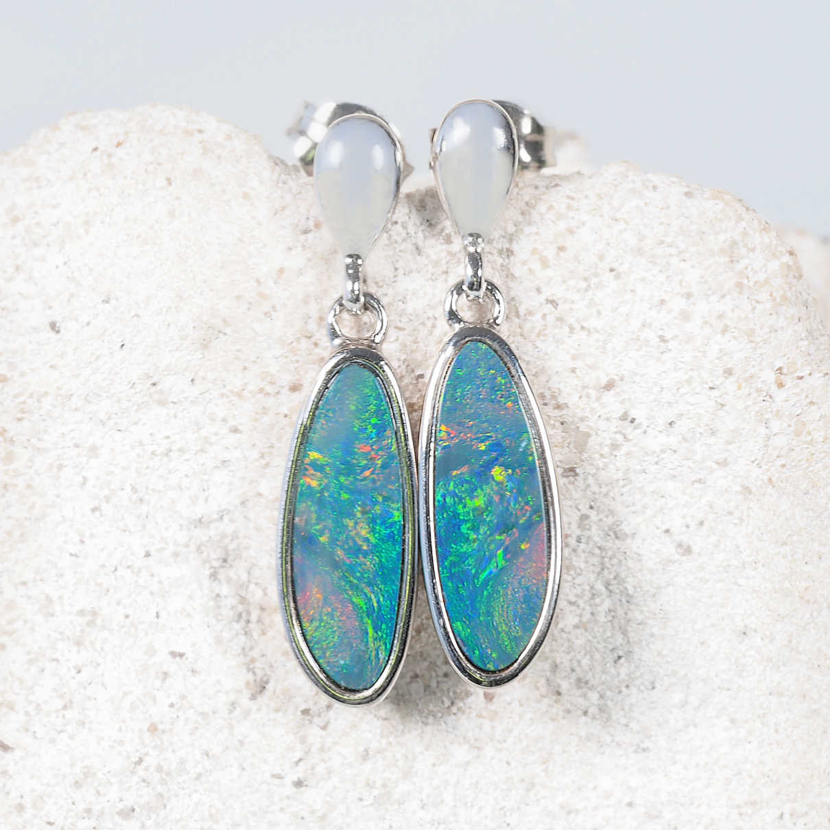 Corinne sterling silver opal drop earrings with oval Australian doublet opals