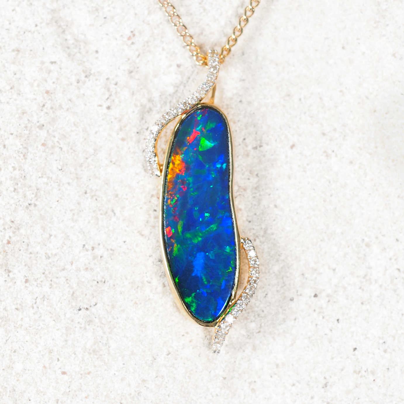 ‘Corinne’ 14ct yellow gold opal pendant with diamonds – Australian doublet opal jewellery by Black Star Opal