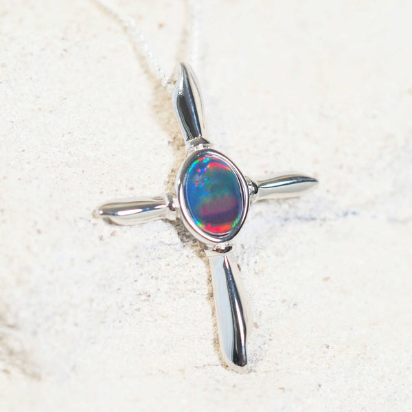 colourful silver opal pendant in a cross design