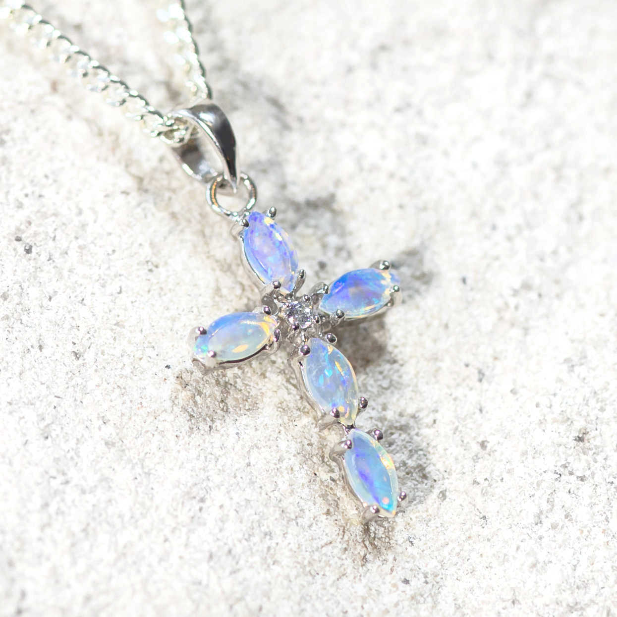 'Cross Mini Blue' Crystal Opal Pendant Silver
