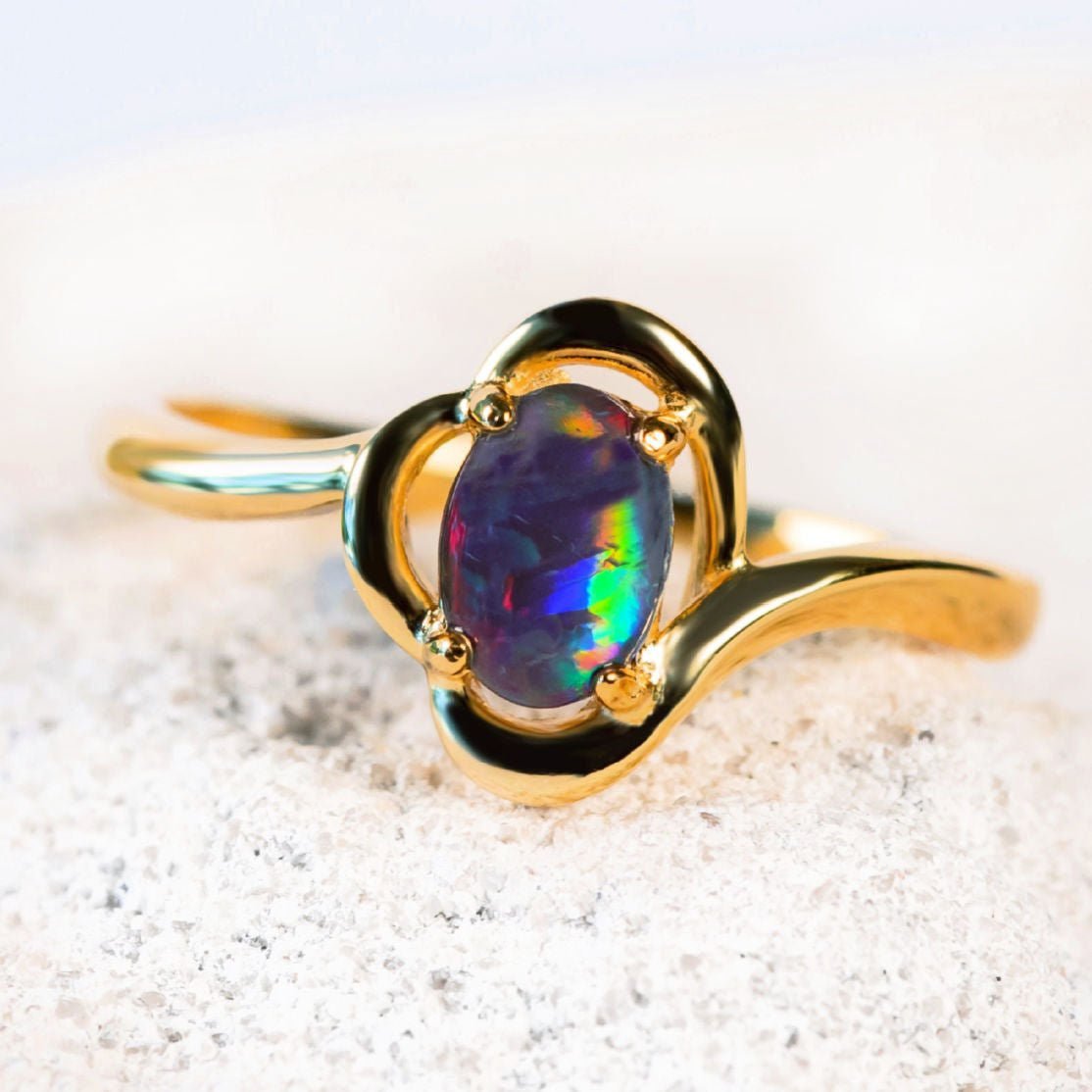 colourful triplet opal ring gold plated silver scallop design
