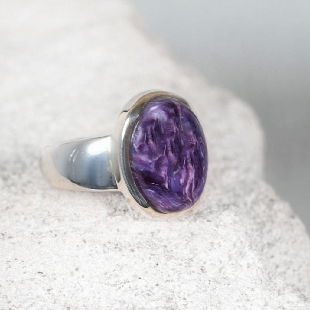 'Destiny' Charoite ring in a silver setting, displaying rich purple colour