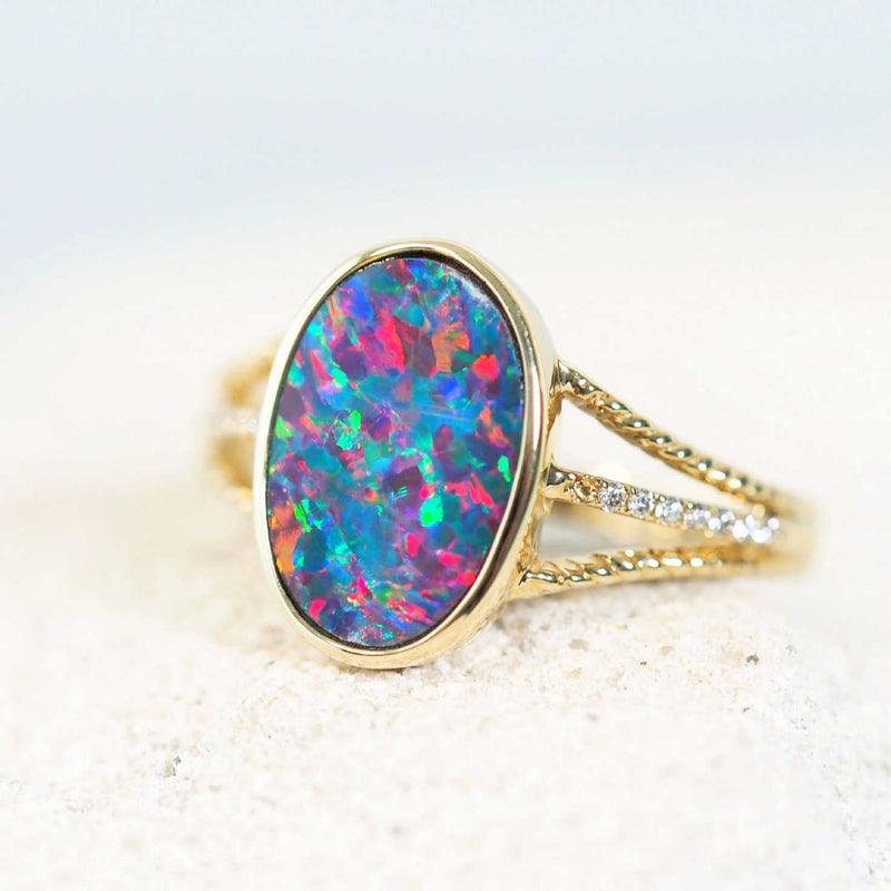 multi-colour opal ring set in 14ct gold with 16 diamonds