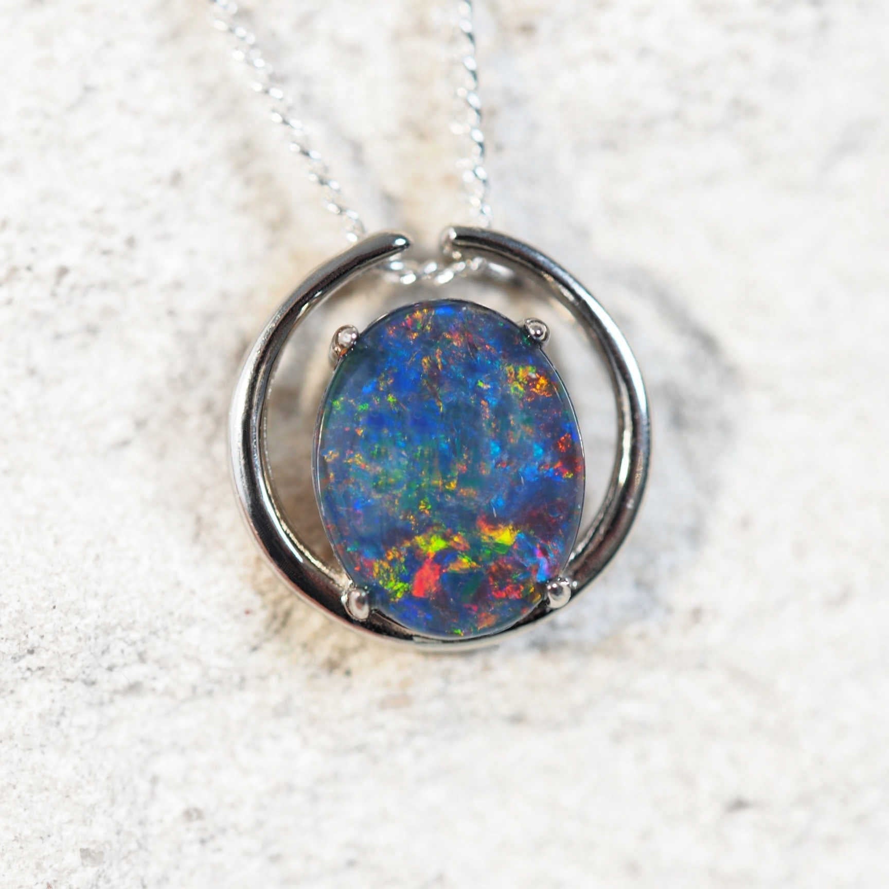 multi-colour opal pendant in sterling silver
