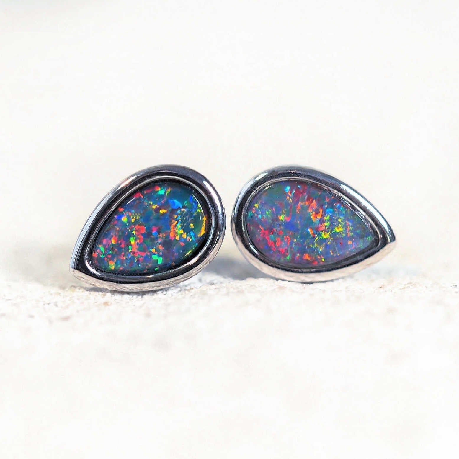 multi-colour teardrop shape silver opal earrings