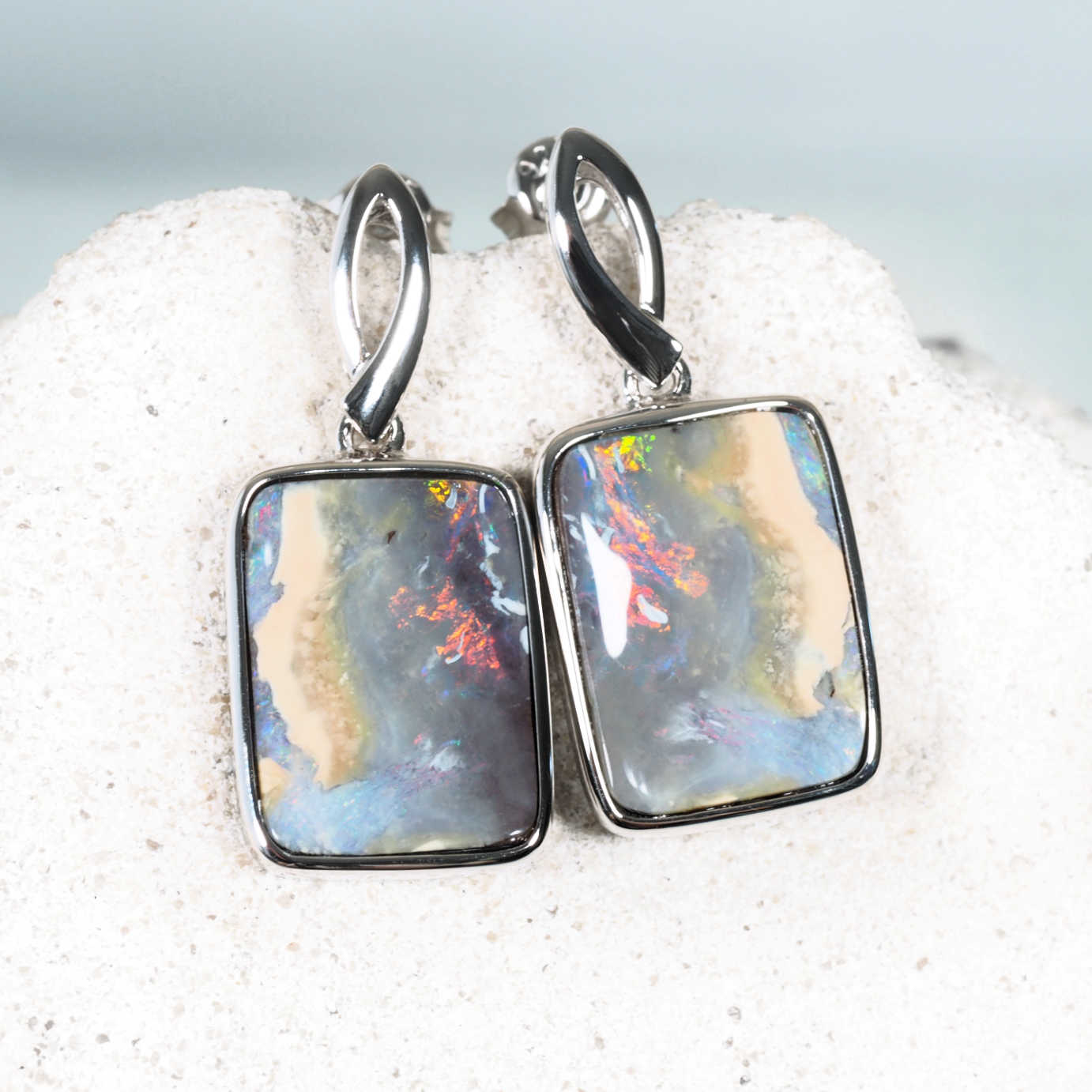 Rectangular Queensland boulder opal drop earrings 