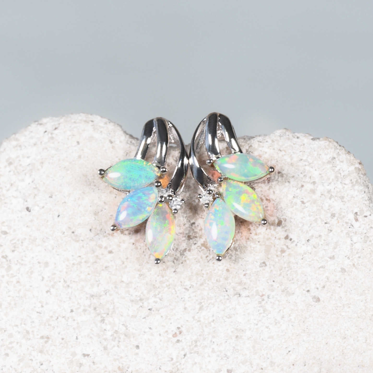 opal stud earrings in 14ct white gold with green Australian crystal opals
