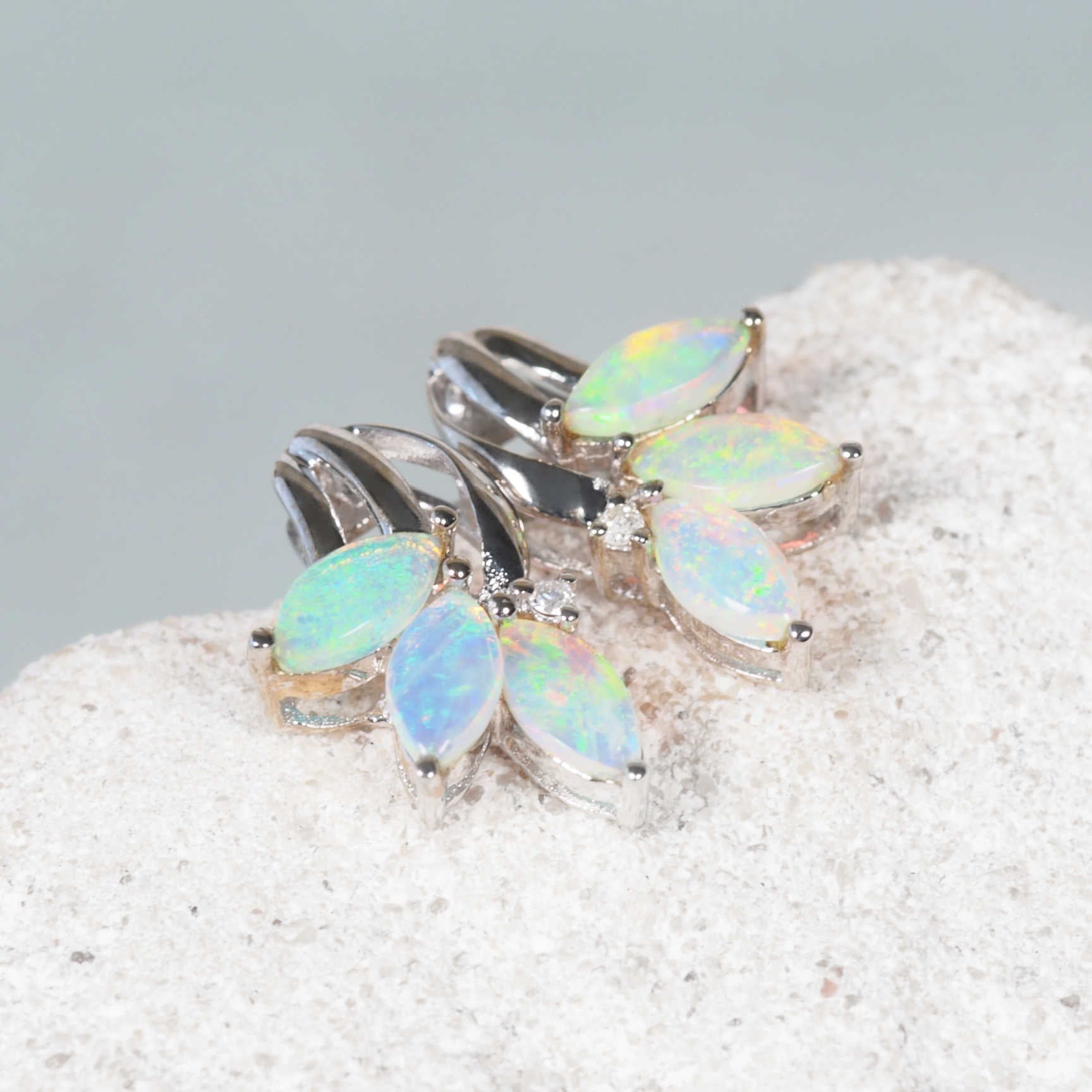 Triple marquise green opal stud earrings set in polished 14ct white gold, featuring natural South Australian crystal opals.