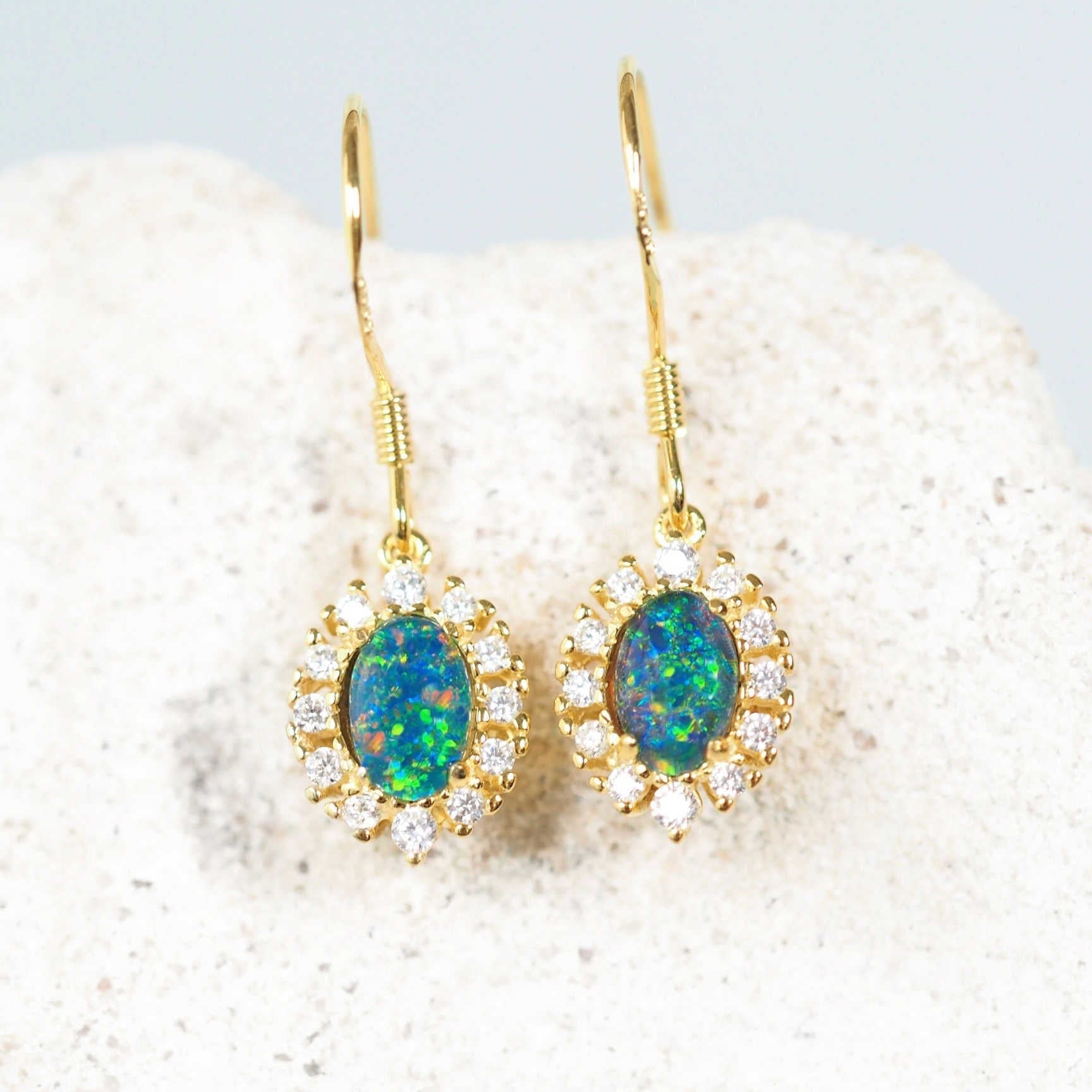 colourful drop opal earrings set with diamantes in gold plated silver