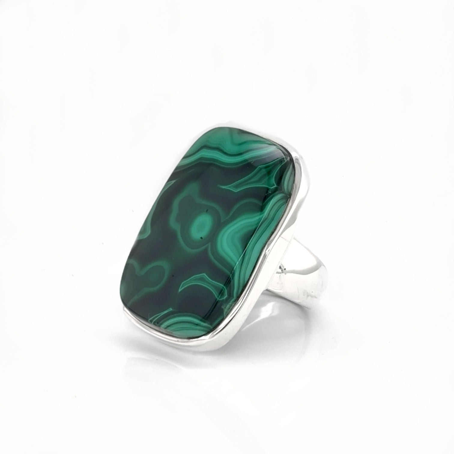 Esme ring in sterling silver with bold rectangular Malachite cabochon