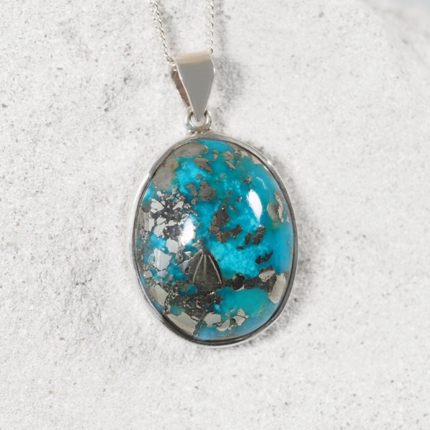 Persian Turquoise Silver Pendant with Pyrite throughout