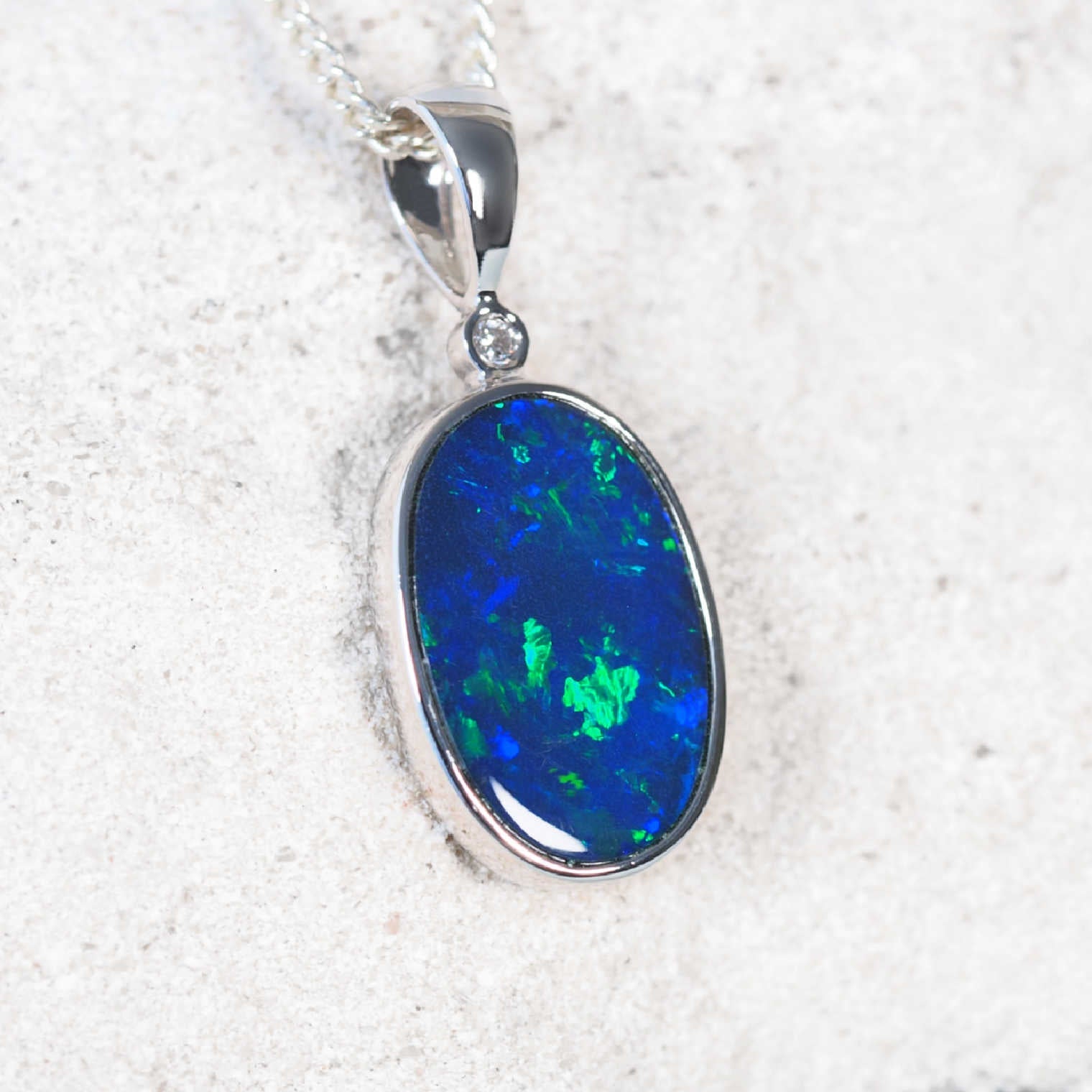 ‘Felicia’ 14ct white gold opal pendant with diamond – Australian blue-green doublet opal jewellery by Black Star Opal