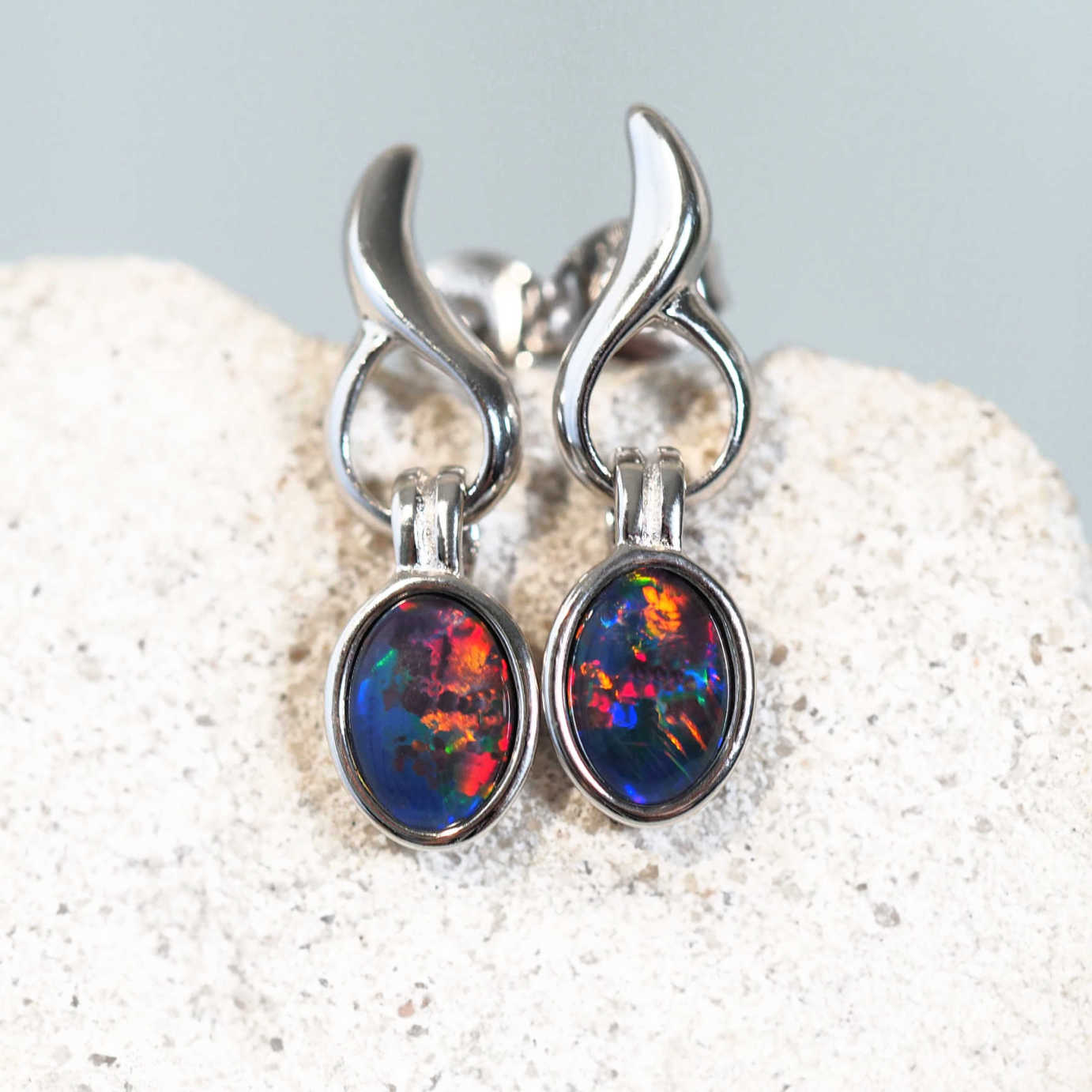 colourful flame design opal earrings