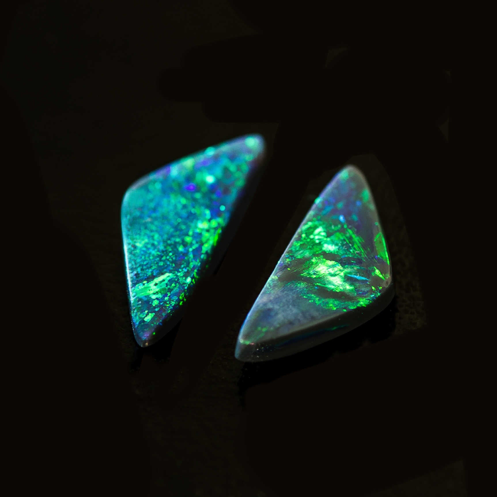 Close-up of Green Aurora black opals showing vivid green play-of-colour