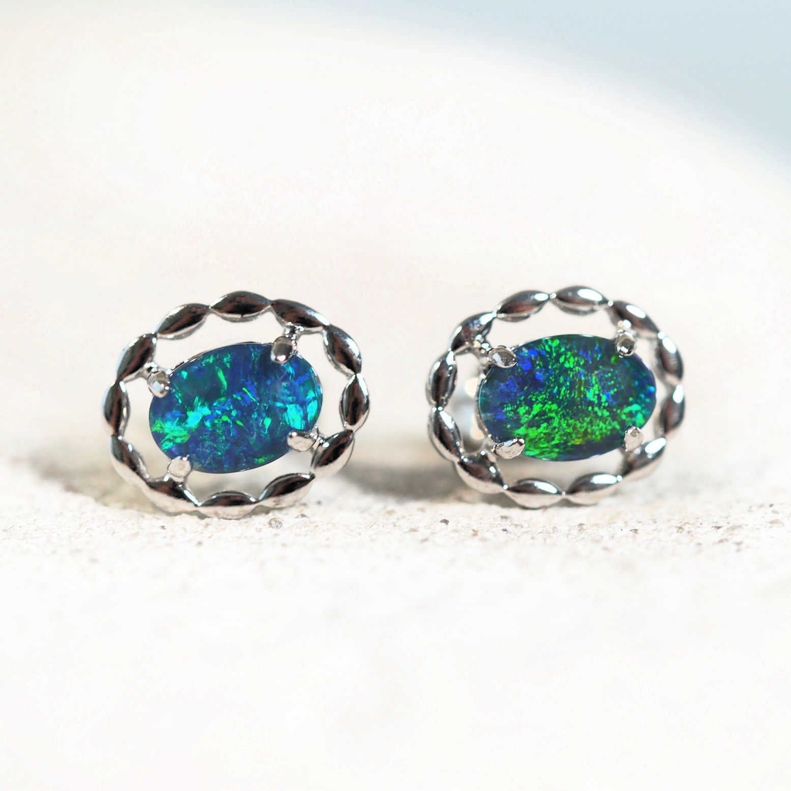 blue and green triplet opal earrings in sterling silver