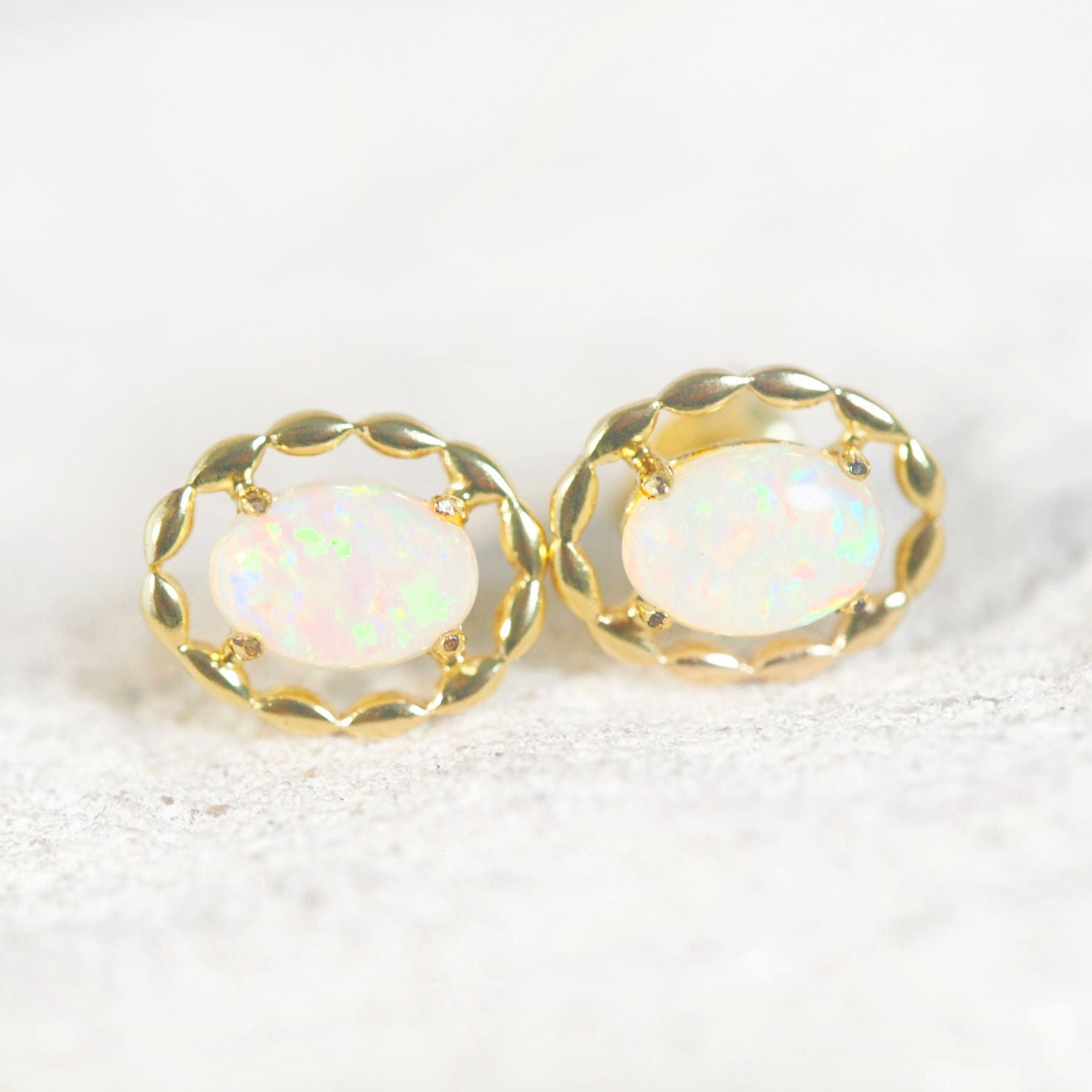 gold plated silver stud opal earrings