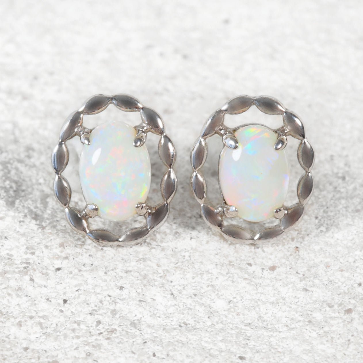 'Harley' sterling silver stud opal earrings with multi-coloured South Australian solid white opals.