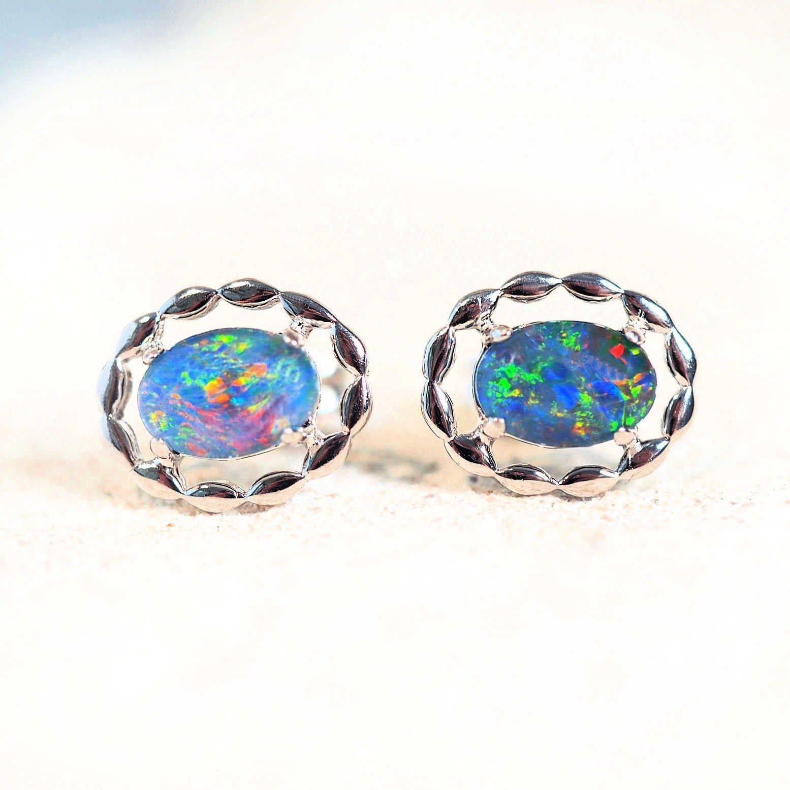 colourful australian opal silver stud earrings