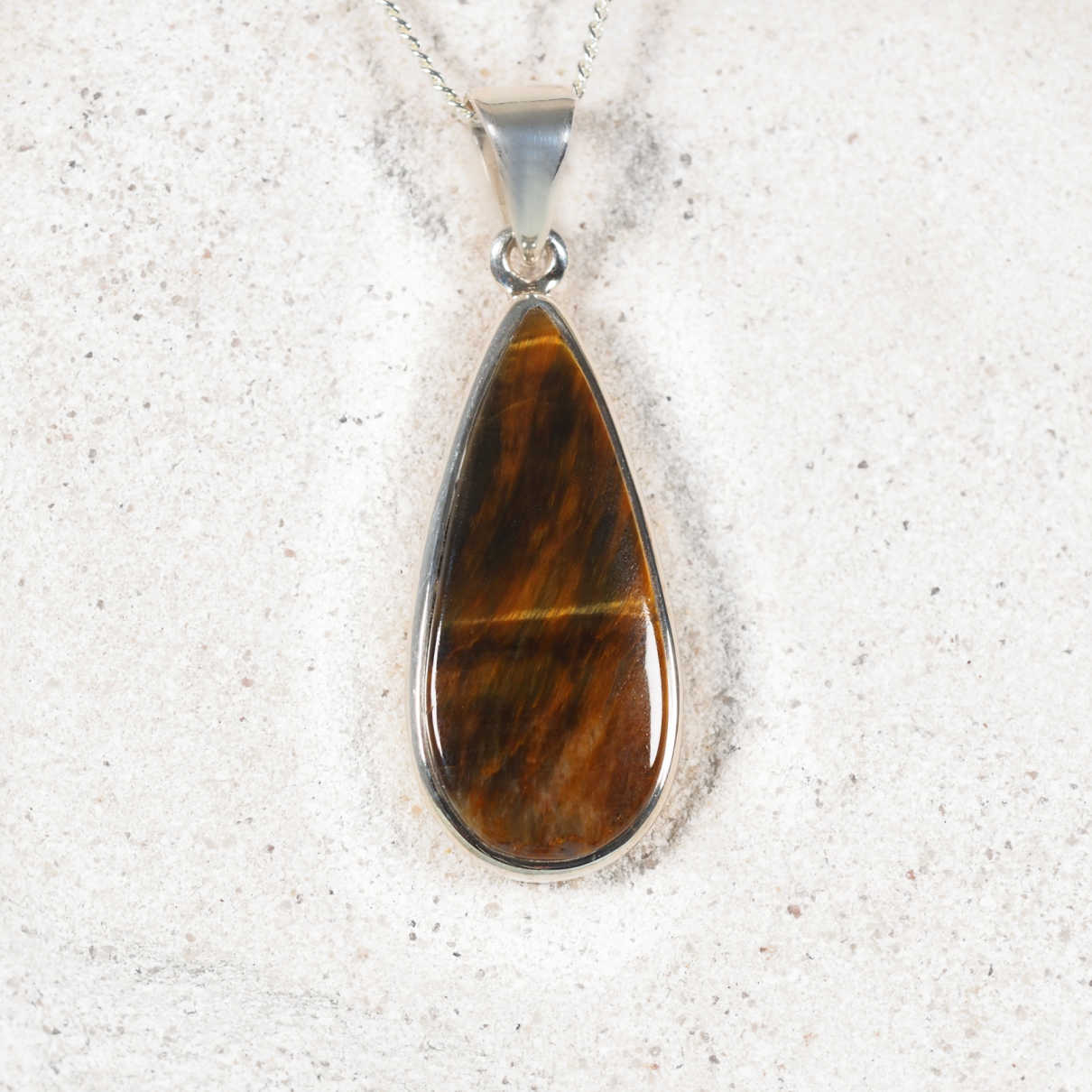 'Hazel' Tiger’s Eye Pendant in sterling silver with polished teardrop gemstone design
