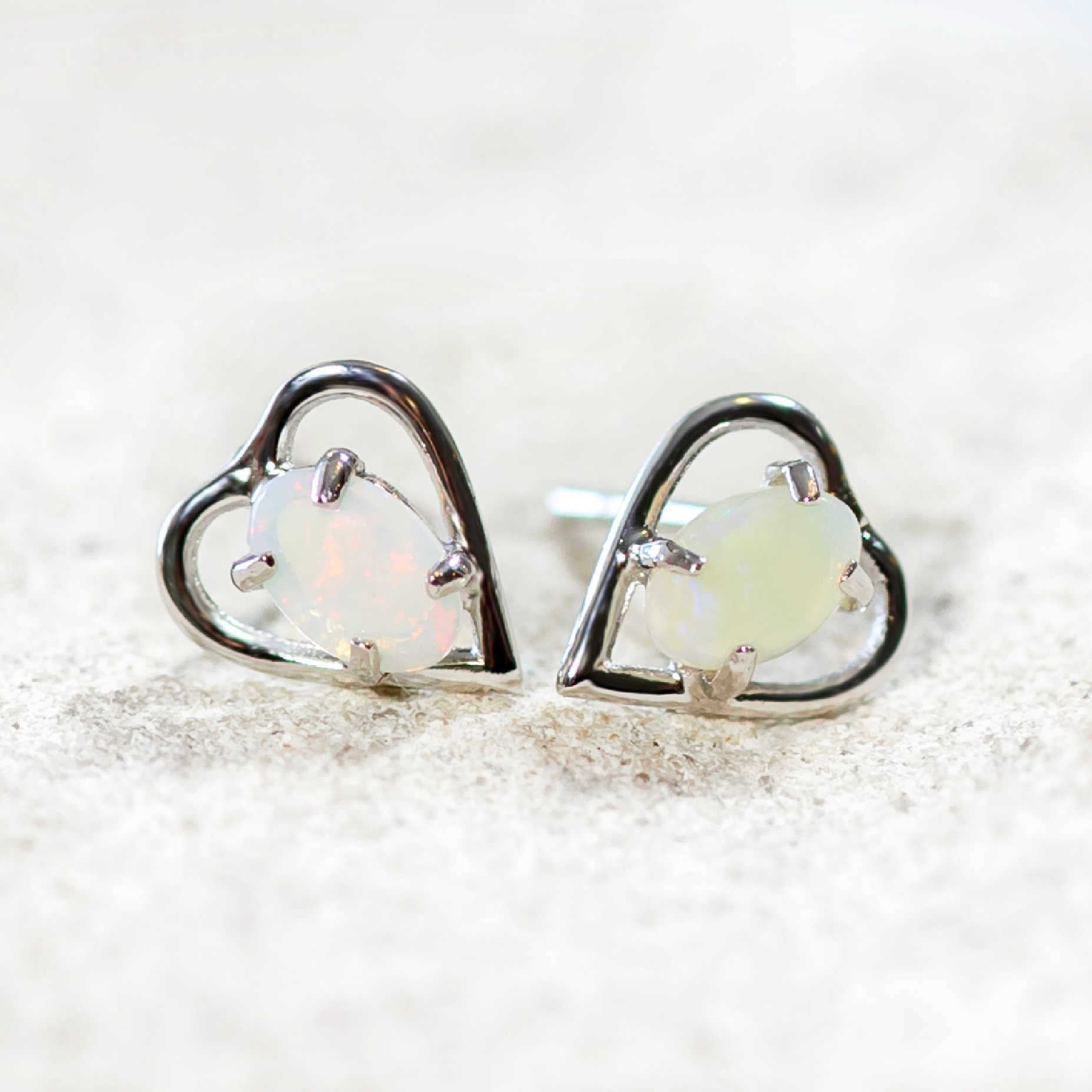 love heart design opal earrings set in sterling silver