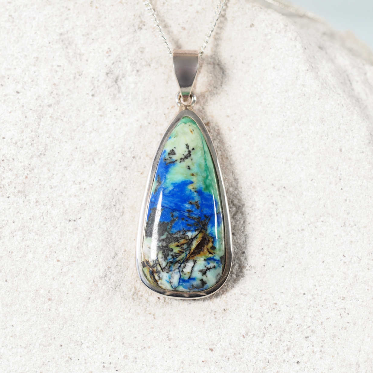 'Hope' Azurite/Chrysocolla pendant with teardrop cabochon set in polished silver