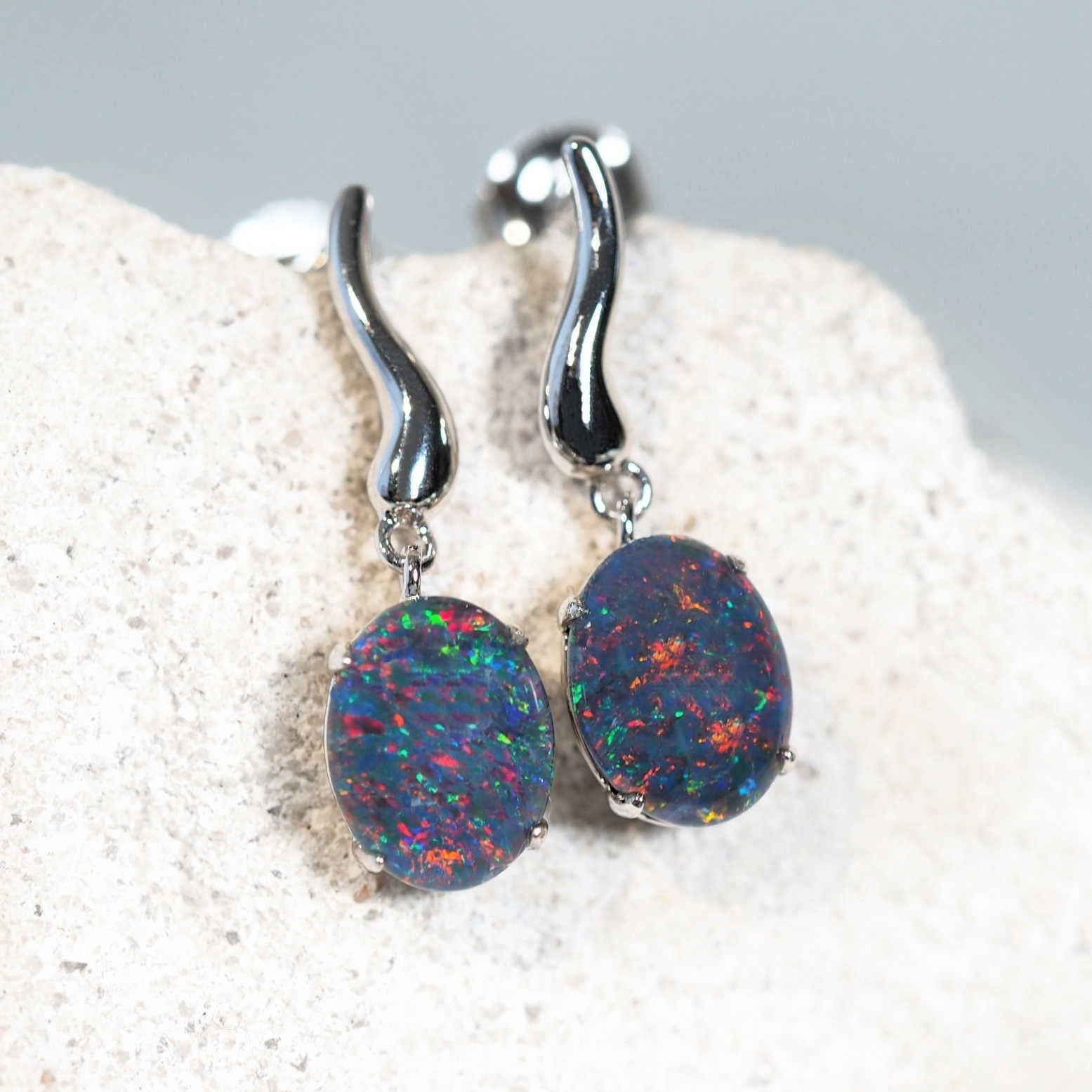 multi-colour oval australian triplet opal earrings