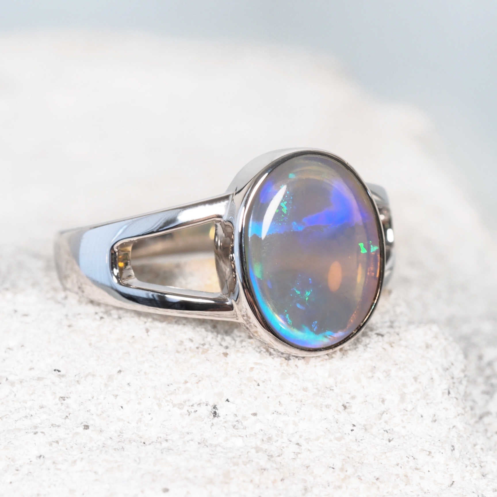 Sterling silver opal ring with oval-shaped South Australian crystal opal