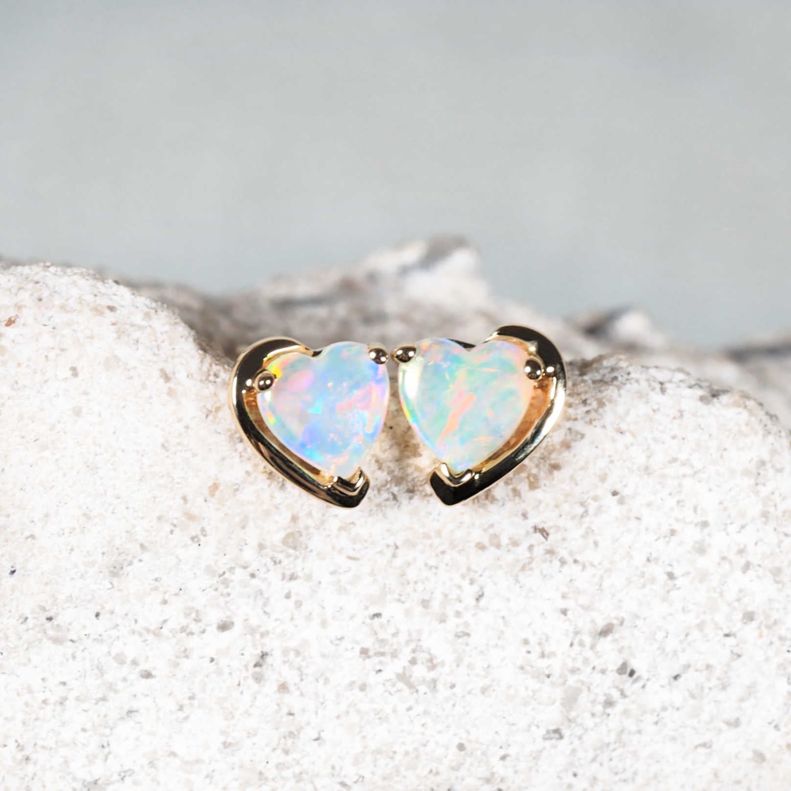 Love Heart opal stud earrings with vibrant multi-coloured Australian opals

