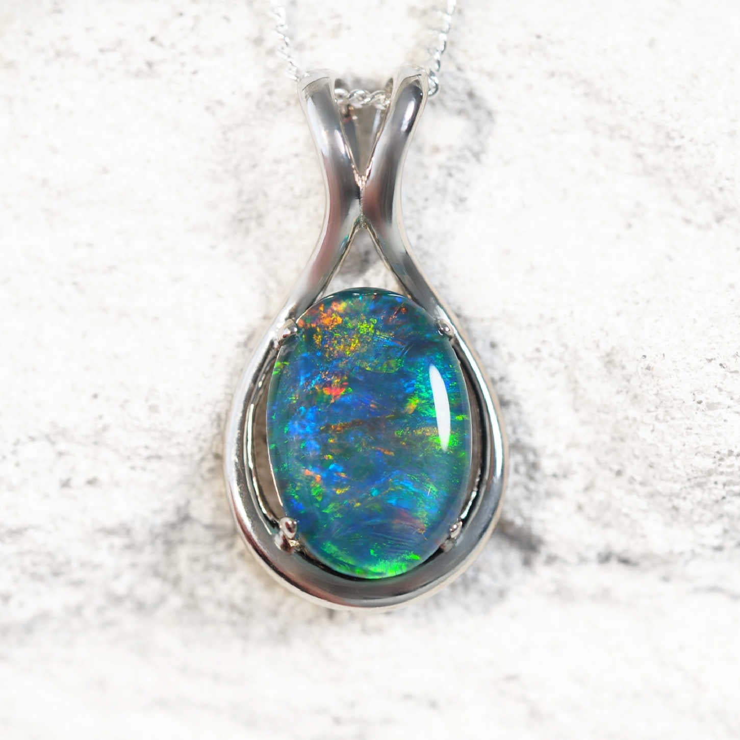 ‘Lucinda’ sterling silver statement opal pendant with oval Australian triplet opal in vibrant multi-colour tones