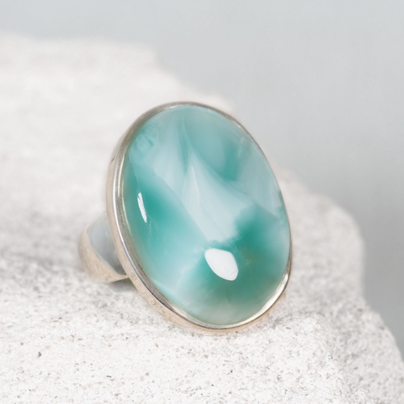 'Mabel' Green Larimar Silver ring displaying green sways and patterns 