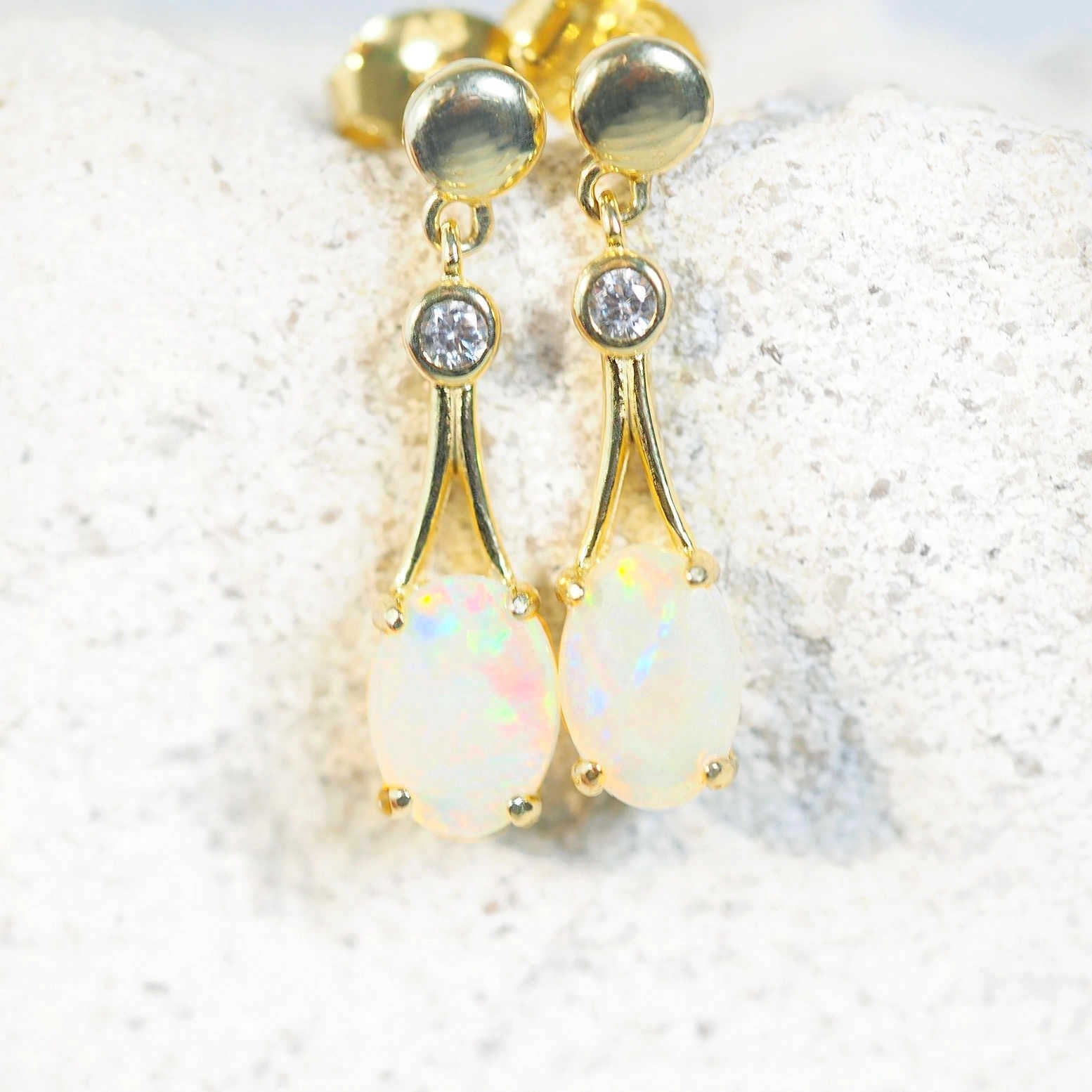 colourful opal earrings in gold plated silver drops