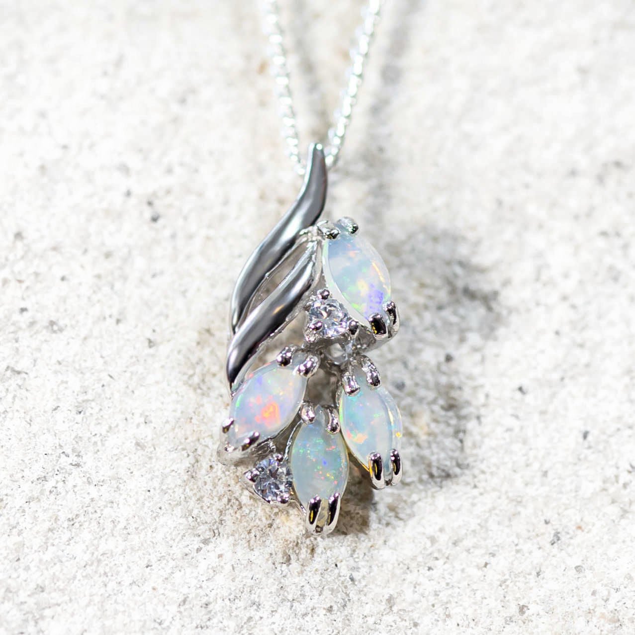 marquise-shaped opal pendant set in sterling silver