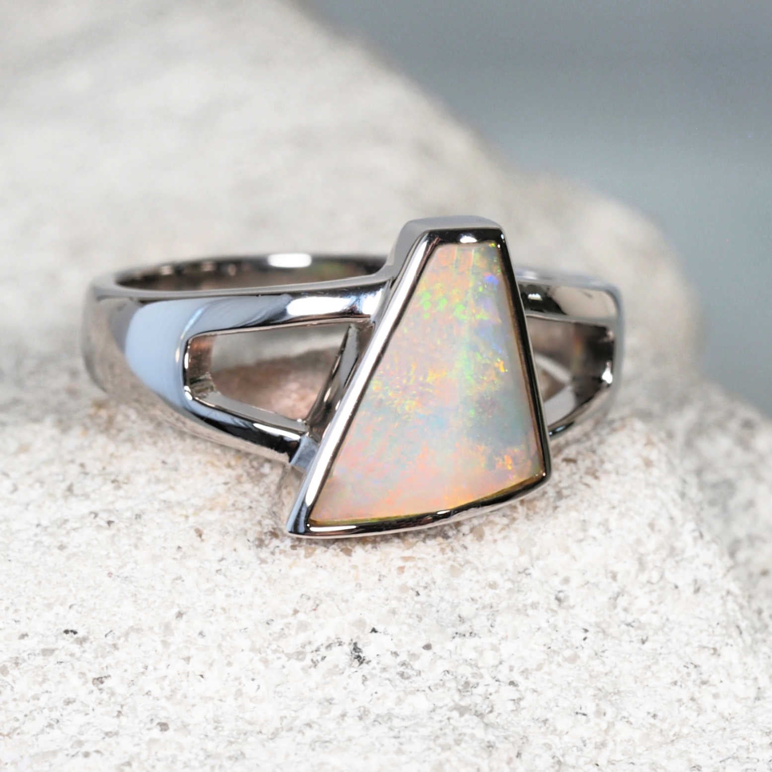 Sterling silver opal ring with triangular white opal