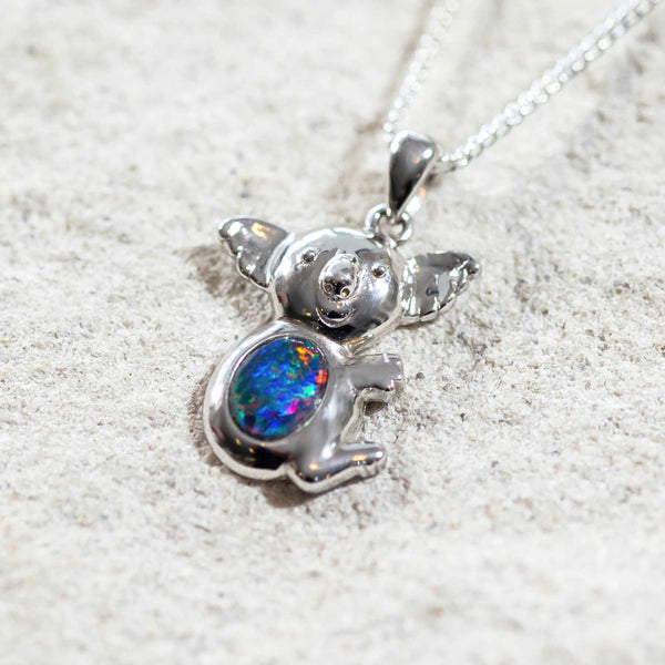 opal necklace set with a colourful triplet opal in a koala design