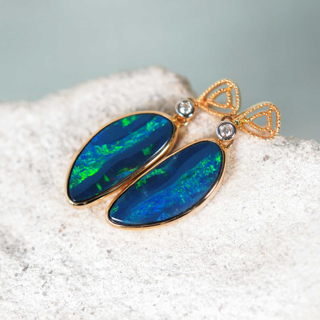 18ct yellow gold stud drop opal earrings with Australian blue-green doublet opal stones