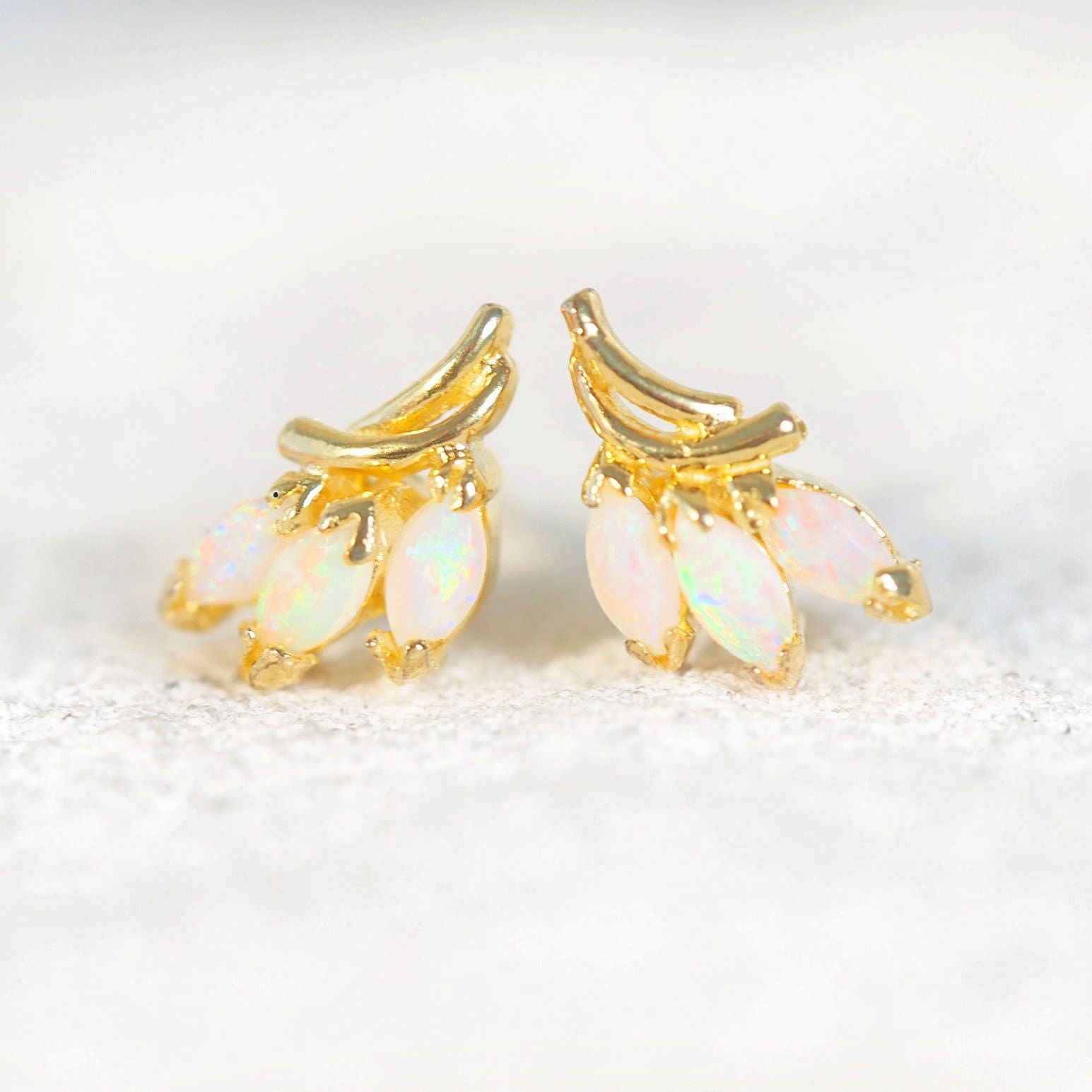 marquise shape crystal opal earrings in gold plated silver