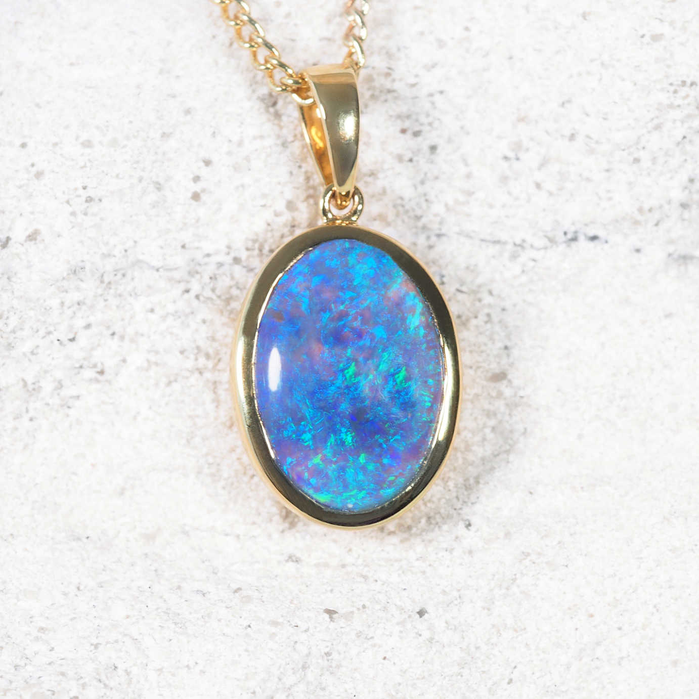 Miranda 18ct yellow gold crystal opal necklace with rectangular Lightning Ridge opal