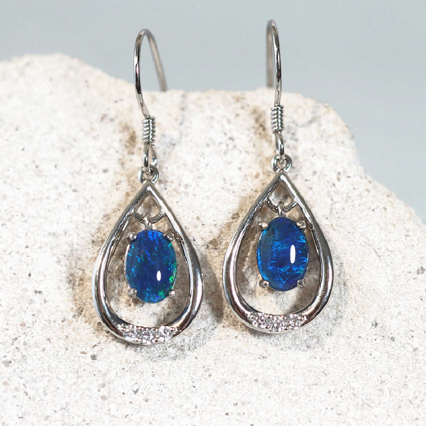 blue opal drop earrings in sterling silver with diamantes