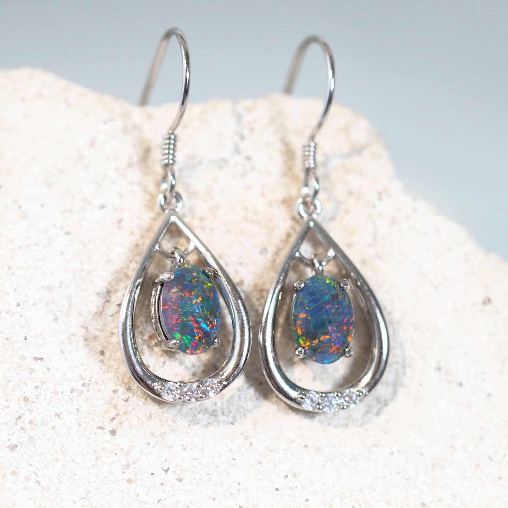 colourful australian opal drop earrings in sterling silver