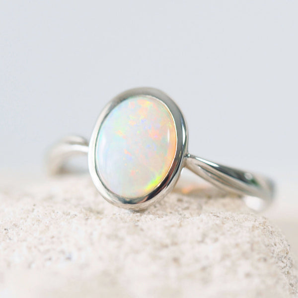 colourful australian opal ring in 18ct white gold