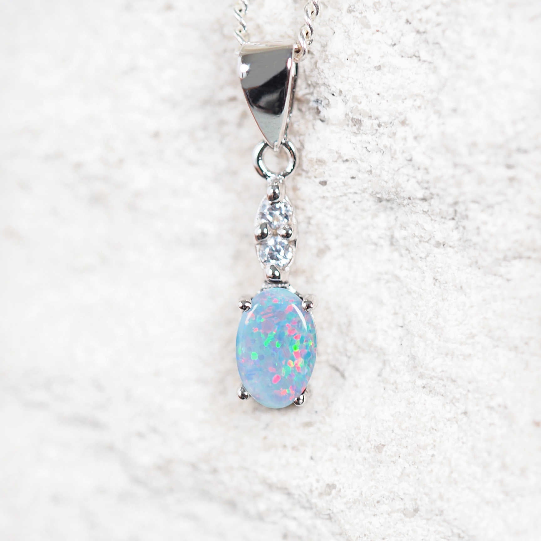 'Nalia' sterling silver opal necklace pendant with oval Australian doublet opal and cubic zirconias